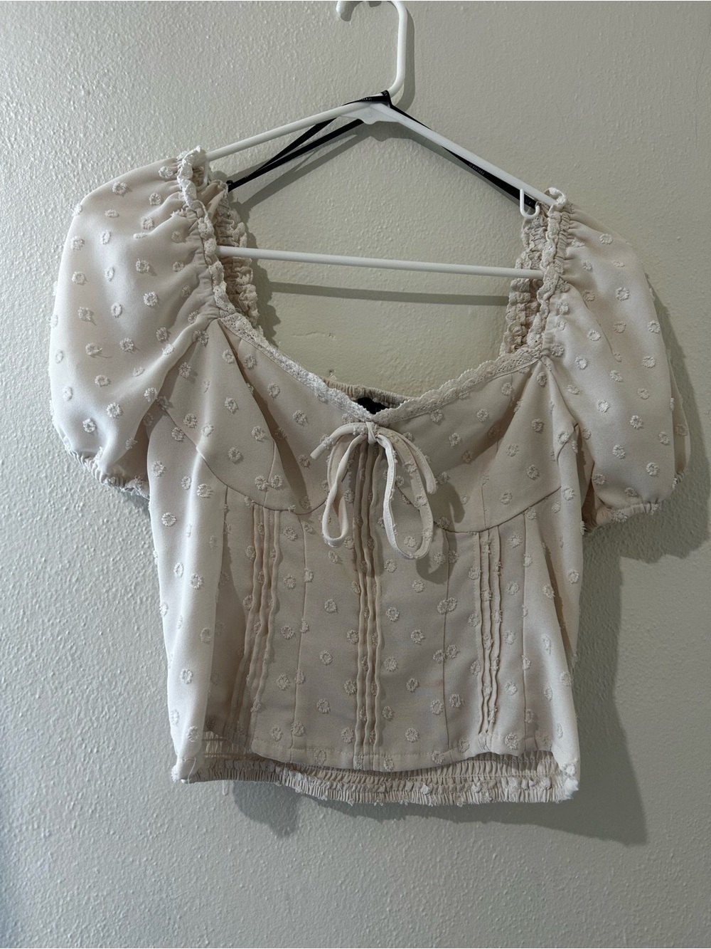 Forever 21 Cream Puff-Sleeve Tie-Front Crop Top